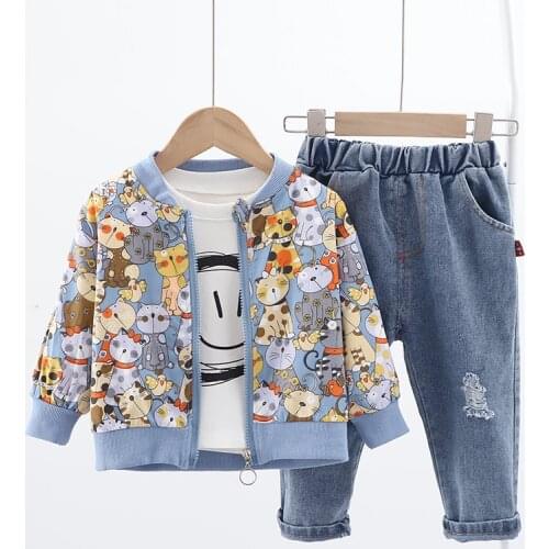Toddler 2021 Fall Kids Clothing Cartoon cat Jacket Coat + Shirt + Jeans 3 pc/Set Baby Boys Clothes for Children Casual Outfits
