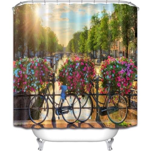 72'' Bathroom Waterproof Fabric Shower Curtain Polyester 12 Hooks Bath Accessory Sets Amsterdam Summer Sunrise Flowers And Bikes