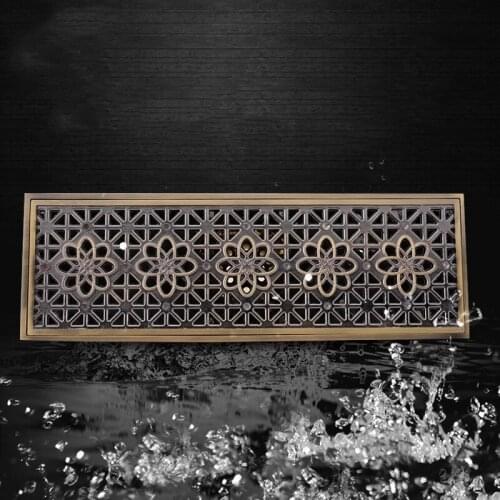 Antique Brass 10 x 30cm Bathroom Linear Shower Floor Drain Wire Strainer Waste Drainer Flower Carved