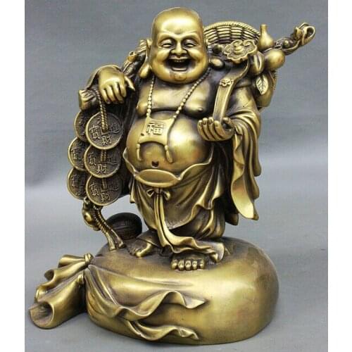 Bronze Decoration Pure Brass Good value Lucky 10" China Buddhism Pure Bronze Wealth Coin Stand Bag Maitreya RuYi Buddha Statue