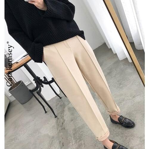 CamKemsey Thick Warm Winter Women Woolen Pants 2020 Plus Size S-4XL Autumn Casual High Waist Office Lady Suit Pants