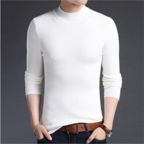 Pure cashmere vertical striped knit men sweaters pullovers half mock neck tight shaping style white grey black S-2XL