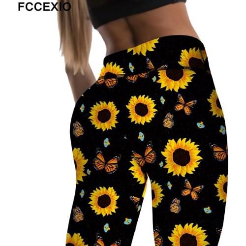 FCCEXIO Sunflower Butterfly Print Sexy High Waist Fitness Leggings Women Workout Push Up Legging Skinny Jeggings Women Pants