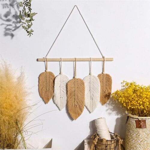 Nordic Style Macrame Wall Tapestry Leaf Feather Tassel Hanging Wood Stick Tapestry Bohe Home Decoration