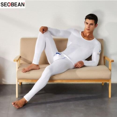 SEOBEAN Mens Cotton Warm Underwear Set Middle-waisted Bottom Knitting Thin Mens Monolayer Long Johns (for A Set)