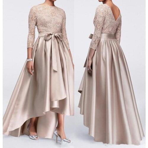 Champagne Lace Plus Size Mother of The Bride Dresses 2020 Long Sleeves Satin High Low Sashes Mother of Groom Gowns