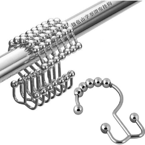 12Pcs Stainless Steel Curtain Hooks Bath Curtain Rollerball Shower Curtain Rings Hooks 5 Rollers Polished Satin Nickel Ball