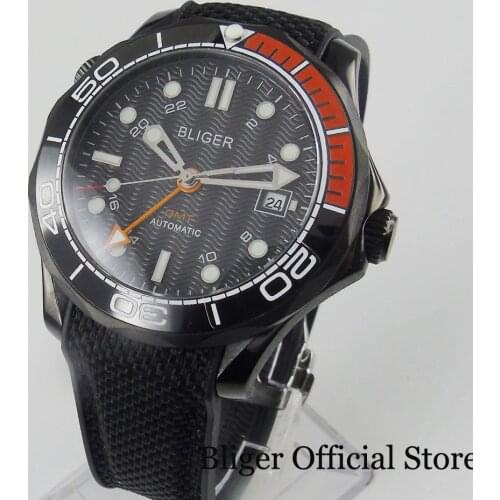 BLIGER Cool 41mm PVD Plated Self Winding Men Wristwatch Sapphire Glass Date GMT Function Ceramic Bezel Rubber Strap