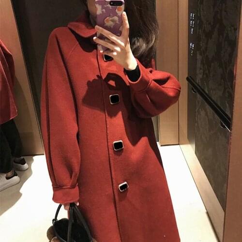 High-quality Woolen Coat Womens Mid-length Autumn Winter Plus Cotton Lining New Korean Single-breasted Loose Woolen Coat Coat