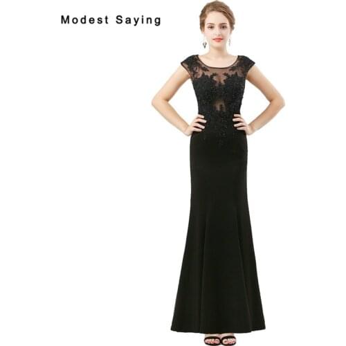 Sexy Sheer Black Lace Evening Dresses 2018 Classic Evening Gowns Formal Long Mermaid Beaded Party Prom Gowns vestido de festa