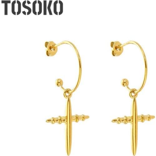 TOSOKO Stainless Steel Jewelry Simple Circle Cross Pendant Earrings Womens Fashion New Year Earrings BSF366