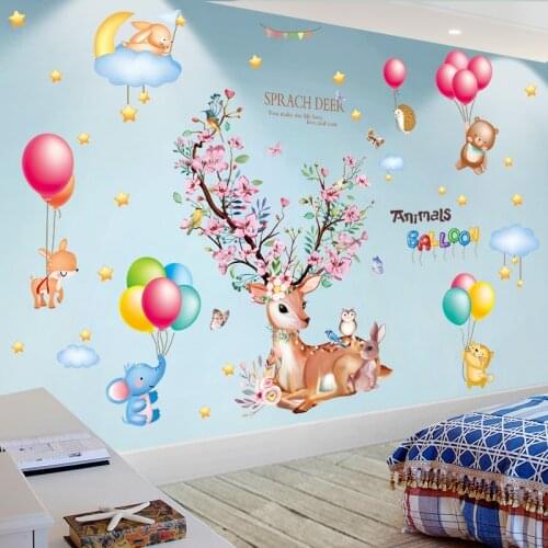 [SHIJUEHEZI] Deer Animal Wall Stickers DIY Balloons Clouds Wall Decals for Kids Rooms Baby Bedroom Nursery Home Decoration
