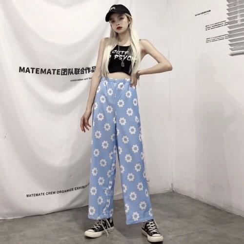 Oversize Pants Women 2021 New Korean Fashion Harajuku Loose Flowers Wide-leg Pants for Women Causal High Waisted Straight Pants