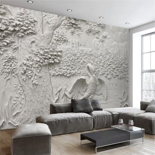 Beibehang Custom Modern Wall Paper Living Room Background White Reliefs Crane Tree Art Wall Covering Home Decor Mural Wallpaper