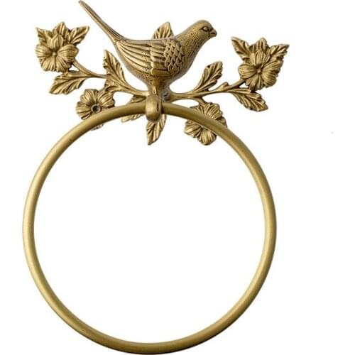 Light luxury all-copper ornaments retro brass bird towel ring with clear texture bathroom punching-free towel rack load