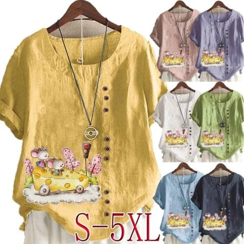 Womens New Fashion O-neck Cartoon Cute Cheese Mouse Printed Short Sleeve Tops Loose Linen T-Shirt Casual Blouse S-5XL