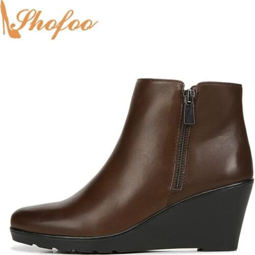 Chocolate High Wedge Heels Round Toe Woman Ankle Boots Booties Double Zipper Large Size 12 15 Ladies Fashion Mature Shoes Shofoo