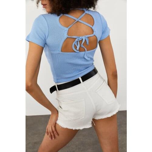 Female Bebe Blue Back Detailed Short Sleeve Blouse Casual Flexible Cazip PULLER Backless Cotton Fabric Natural Woven Do Not sweat quality