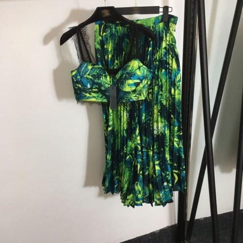 Summer women green leaves print skirt set fashion spaghetti strap short top + pleated high waist skirt 2 pieces set outfit y639