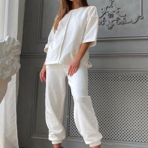 Women Pant Sets Loose Tracksuit Solid Color Ankle Tied Sport Suit Three-quarter Sleeves Drawstring Sweat Suit Casual Sets