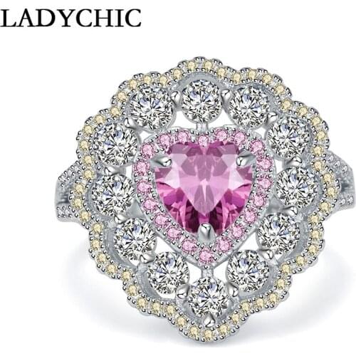 LADYCHIC Luxury Cubic Zirconia Silver Color Rings for Women Love Heart Shape Pink Crystal Ring for Party / Engagement LR1072