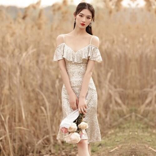 Prom Dress Boat Neck Spaghetti Strap Sequins Mermaid Knee-Length Ruffles Short Sleeves Plus size Women Formal Party Gown C1214