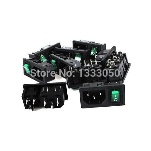 AC10A 250V I/O Green Light Rocker Switch IEC320 C14 Inlet Power Socket 10Pcs