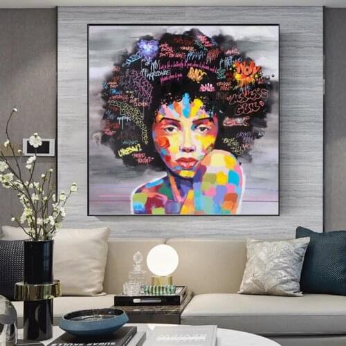 Abstract African Girl with Letters Canvas Painting Black Woman Posters and Prints Modern Wall Picture for Living Room Home Decor