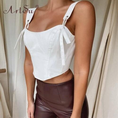 ArtSu Women Fashion Tank Top Spring Summer 2021 Tie Up White Crop Top Mujer Sleeveless Tees Sexy Corset Top Streetwear
