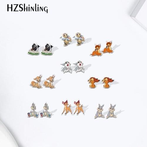 Bambi Fawn birds Rabbits Pattern Acrylic Stud Earrings Cartoon Resin Epoxy Jewelry for girls