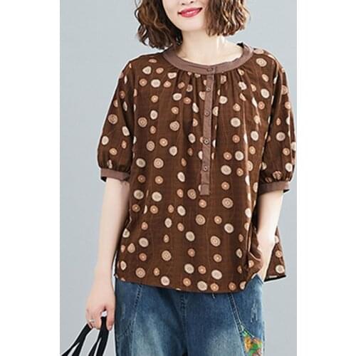 Oversized Women Cotton Casual Blouses Shirts New Arrival 2021 Summer Simple Style O-neck Vintage Print Loose Female Tops S3274