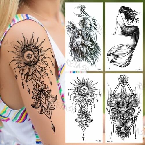 Black Sun Flower Henna Temporary Tattoos For Women Men Realistic Mermaid Dragon Waterproof Fake Tattoo Sticker Sexy Arm Tatoos