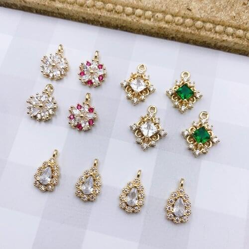 HAOSAW 6Pcs/Lot Choose/CZ/Flowers/Waterdrop Shape/Cooper Metal/Rhinestone/Genuine Gold Plating Charm/Hand Made/Earring Jewelries