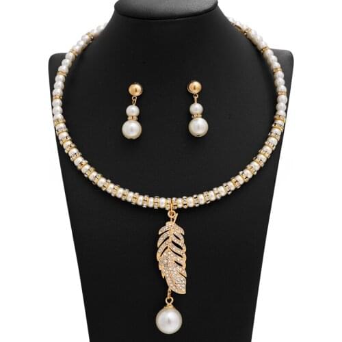 Hesiod Jewelry Set For Women Girls Gold Pearl Earrings Choker Leaf Tower Pendant Set Fashion Woman Jewelry Sets Wedding Jewelry