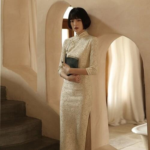 Modern Lace Long Cheongsam Dress Autumn Traditional Robe Orientale Vestido Chino Mujer Chinese Style Vintage Eleganti Qipao Slim