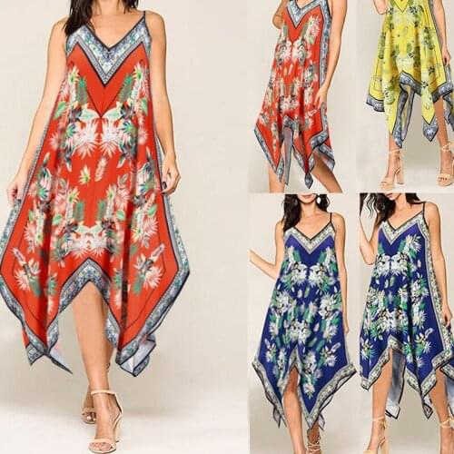 Summer New Irregular Retro Printing Sling Dress Folk Custom Loose Floral Dresses Irregular Beach Holiday Yellow Dress Wholesale