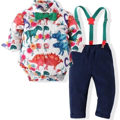 Fashion Infant Clothing Baby Suit Bowtie Dinosaur Cartoon Tops Tee +Suspender Pants Casual Clothes Boys Birthday Formal Clothes