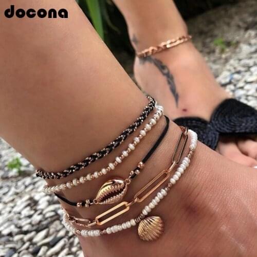 Docona Beach Outfits Black Rope Shell Conch Pearl Beaded Anklet Set for Women Bohemian Chain Bracelet Foot Jewelry Gift 8007
