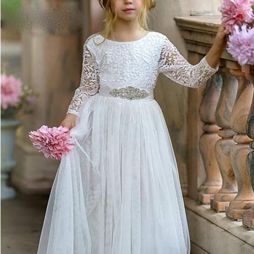 Custom Made Cheap White A Line Lace Top Tulle Junior Girls Wedding Bridal Long Flower Girl Dresses With Sash