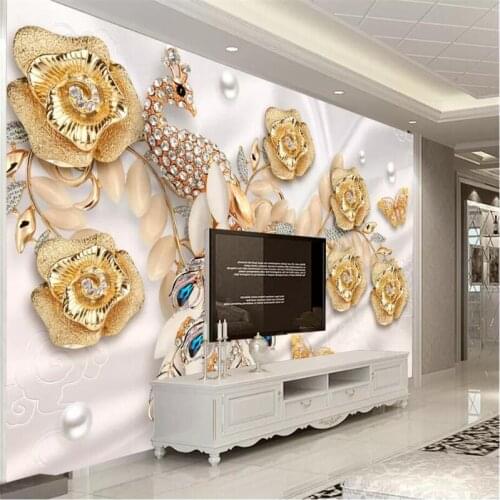 Beibehang Wallpaper custom living room bedroom wallpaper murals golden light jewels peacock flower background wall decoration