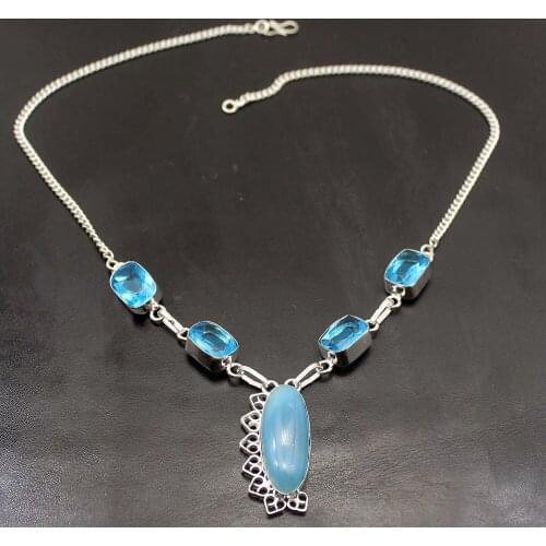 Hermosa Attractive Natural Blue BotswanaAgate Topazz Silver Color Charms Pendant Chain Necklace 18.5 Inch A563
