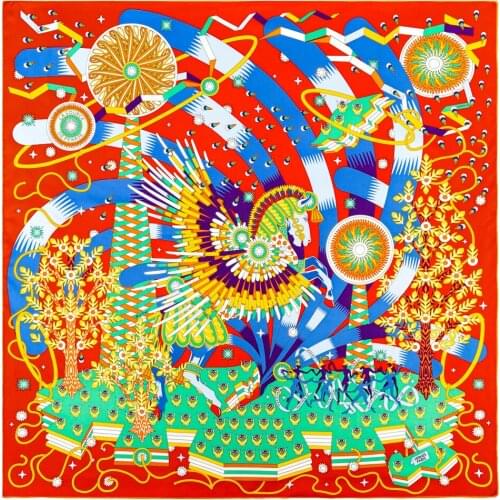 90cm Luxury Brand Scarf Women Foulard Bandana Handmade Curled Twill Silk Square Scarf Windmill Head Hijab Scarves For Ladies