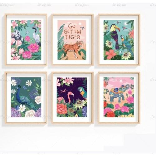 Nordic SWall Art Prints Illustrated, Exotic Birds, Animals And Flowers Poster Modular Pictures Home Decoration Canvas Painting