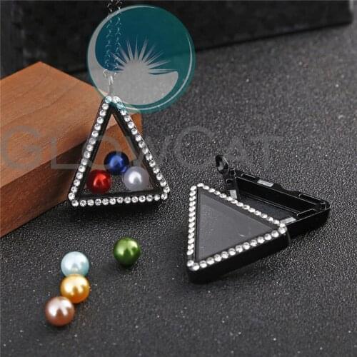 Rhinestone Glass Triangle Living Memory Photo Floating Lockets Pendant Black Necklace 50cm Steel Chain Necklace