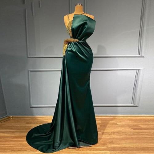Dark Green Satin Evening Gowns Gols Sequins Beaded Spaghetti Ruched Mermaid Prom Dresses Zipper Back Sweep Train Formal Wear