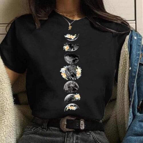 Women Summer T Shirt Women Floral Half Moon Print Harajuku 90s O-Neck Short Sleeve Fashion Casual Tee Tops Female T-shirt Tops