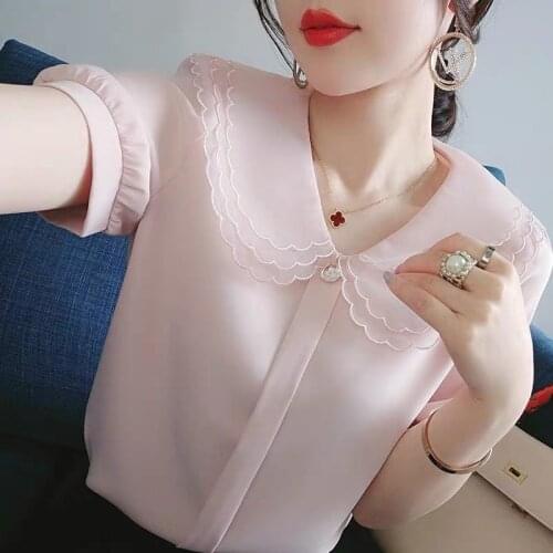 Short Sleeve Chiffon Shirt Womens Summer 2021 New Korean Peter Pan Collar Blusas Kawaii Mori Girl Shirt