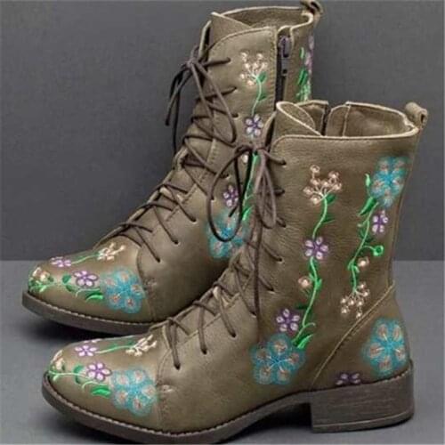 New Womens Ethnic Long Tube Boots Handmade Embroidery Winter Mid-Calf Riding Boot Lady Retro Rome Style Low Heel Leather Shoes