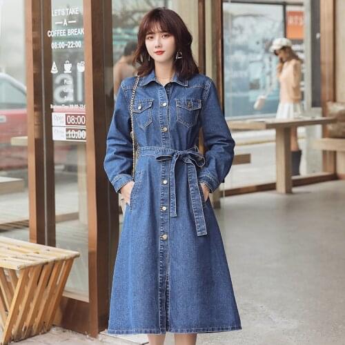 Blue Women Jeans Dress 2020 Fashion Casual High Street Long Sleeve Denim A-Line Pleated Dress With Belt Elegant Vestidos