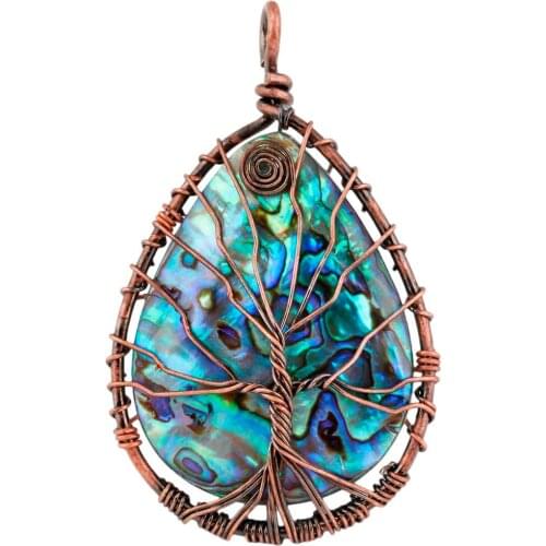 Teardrop Rainbow Abalone Shell Pendant Handmade Copper Wire Wrapped Tree of Life Jewelry For Women